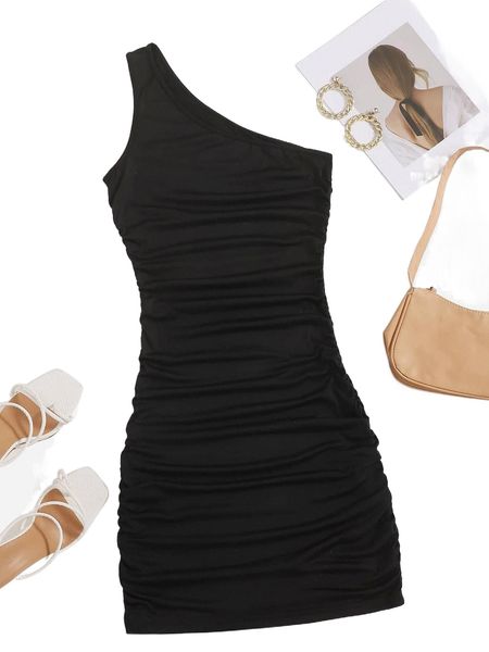 

one shoulder ruched bodycon dress k3ok#, Black;gray