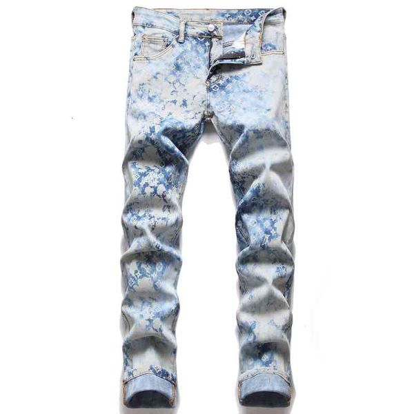 

men's jeans wind blue irregularly printed jeans fashion micro elastic leggings wyyb