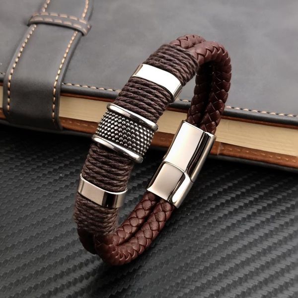 

vintage multilayer brown genuine leather strands men bracelet stone bead stainless steel jewelry male wrist bangle, Black