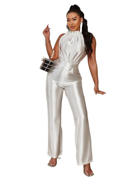 

glamaker knot frilled neck jumpsuit 82kg#, Black;white