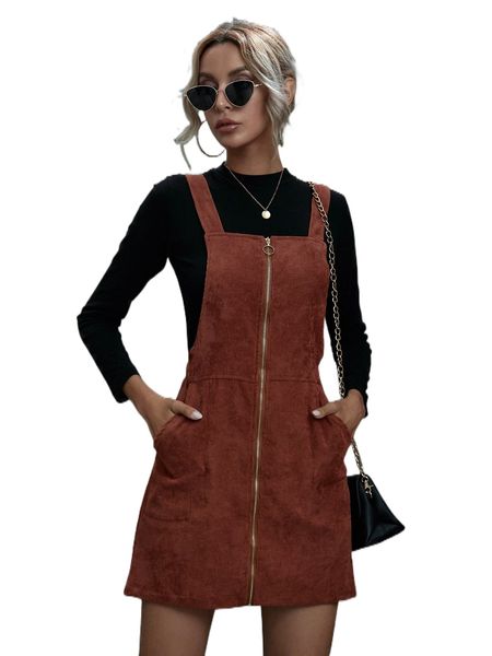 

corduroy o-ring zipper mini overall dress z9nm#, Black;gray