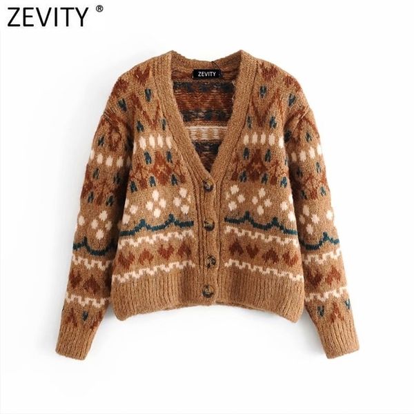 

zevity new women vintage v neck geometric print casual short knitting sweater femme chic breasted cardigans retro coat s552 210204, White;black