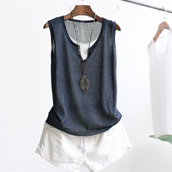 

vintage cotton linen fake 2 pieces women tank summer v-neck solid sleeveless slim knitted female pulls outwear tees 220325, White