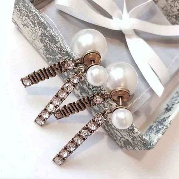 

s925 silver needle pearl letter tassel two wear brass earrings, Golden