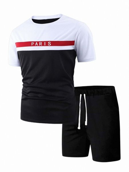 

men letter graphic colorblock tee & drawstring waist shorts a9ug#, Gray