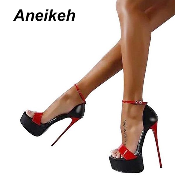 Aneikeh Fashion Peep Toe Sandali con tacco alto Sexy 16CM Tacchi alti Cinturino con fibbia Nightclub Scarpe da festa Big Size 40 Nero 210306