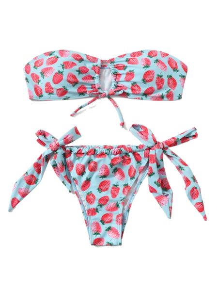 

strawberry print knot bandeau bikini swimsuit k71t#, White;black