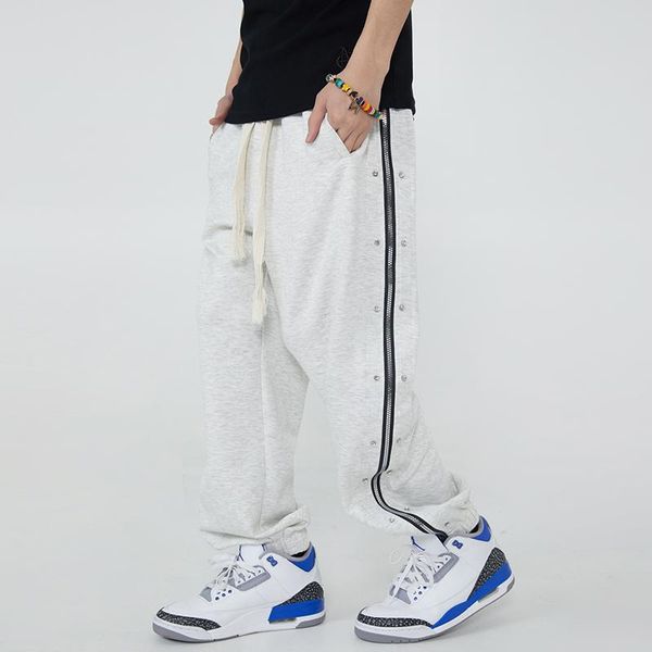 

men's pants harajuku retro side long zipper and button casual joggers sweatpants mens high street solid color oversized drawstring trou, Black