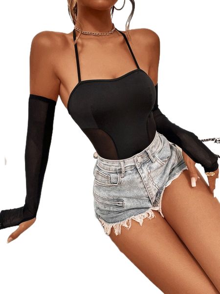 

contrast mesh tie backless halter bodysuit & arm sleeves x6it#, White