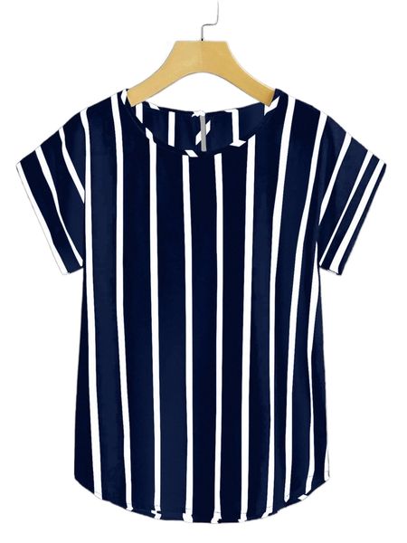 

plus striped keyhole back blouse u1ls#, Black