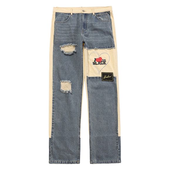 Jeans Lurus Kain Perca Celana Panjang Sobek Gambar Hati Jalanan Tinggi Jeans Longgar Hip Hop Celana Kaki Lebar Pasangan 220817