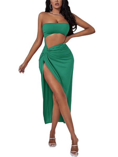 

sxy cutout twist front split thigh dress z099#, Black;gray