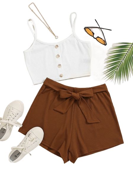 

button detail cami & tie front shorts y8j9#, White