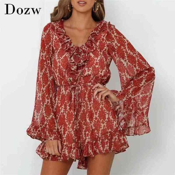 Boho Blumendruck Playsuit Frauen Sommer Flare Langarm Rüschen Party Bodysuit Chic V-Ausschnitt Chiffon Strand Overall 210515