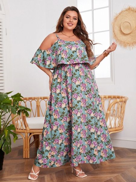 

plus cold shoulder ruffle detail floral allover print dress l0y9#, Black