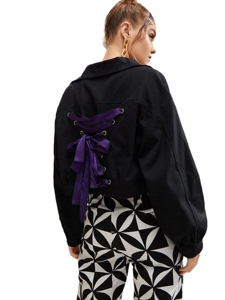 

x ginestra lace up back grommet eyelet button up crop jacket s92d#, Black;brown