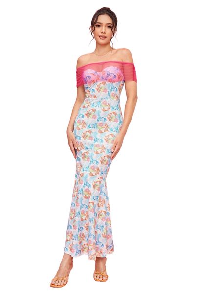 

x amof fish & floral print contrast mesh off shoulder mermaid hem dress m8ym#, Black;gray