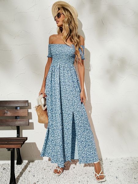 

ditsy floral off shoulder shirred split thigh dress v1kf#, Black;gray