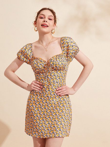 

x kays illustrations floral print sweetheart neckline dress c1cg#, Black;gray