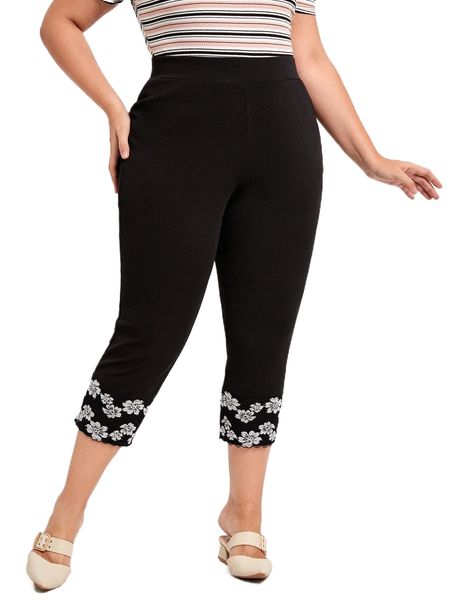

plus elastic waist floral appliques pants a8k5#, Black
