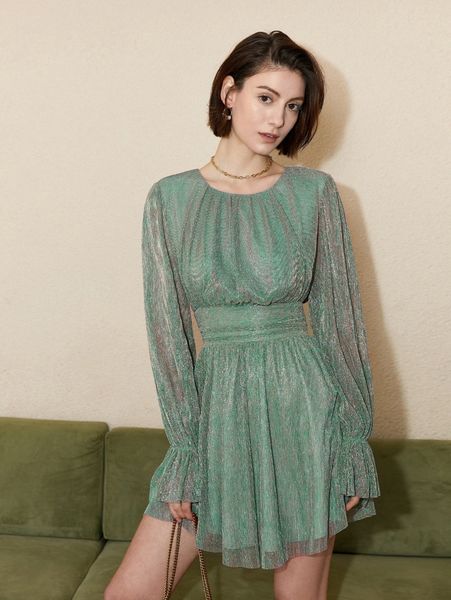 

flounce sleeve metallic a-line dress o07r#, Black;gray