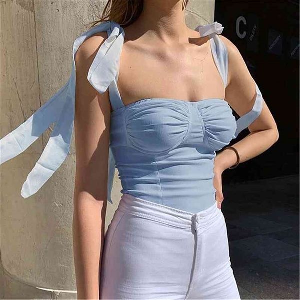 

casual chic summer blue chiffon bow sling crop women style one word collar sleeveless camisoles female 210325, White