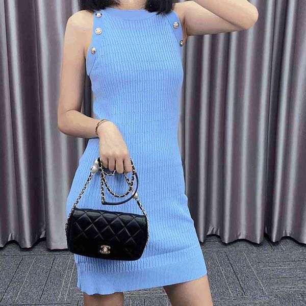 

casual dresses blue hanging neck metal button ice silk sleeveless vest dress short skirt women's knitted shoulder digging summer style, Black;gray