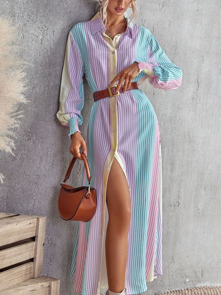 

vertical striped shirred cuff shirt dress without belt 67lj#, Black;gray