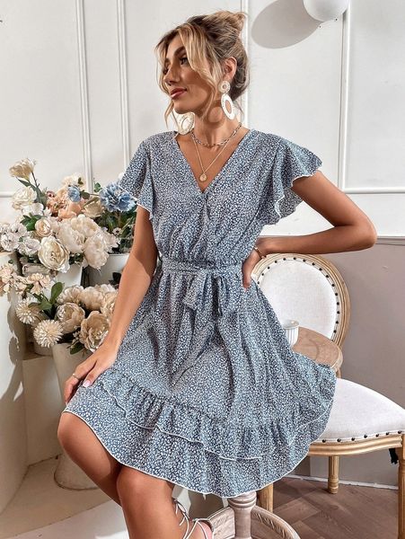 

leopard print surplice neck belted layered hem dress r4xl#, Black;gray