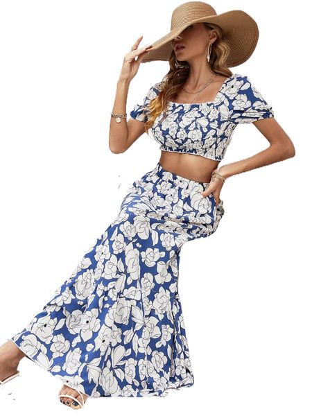 

floral allover print puff sleeve crop & ruffle hem skirt o3e0#, White