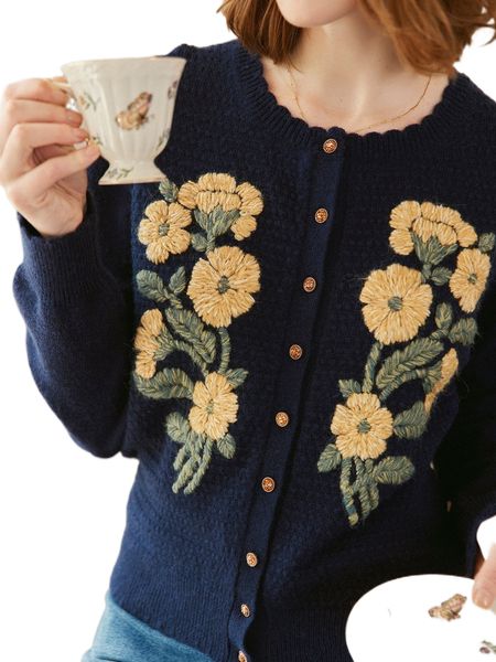 

simple retro floral pattern scallop trim cardigan e0rn#, White;black