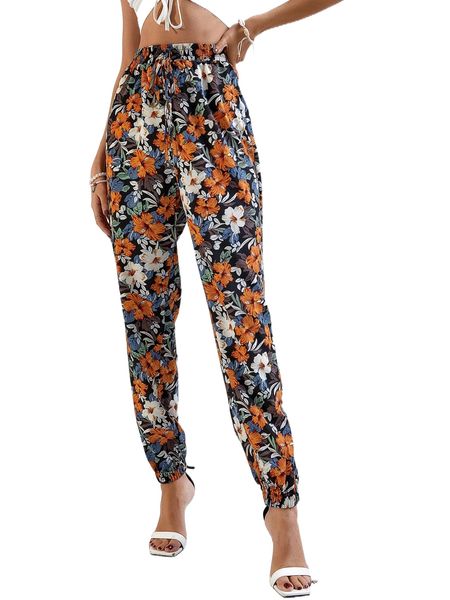 

floral print knot waist pants i6v7#, Black;white