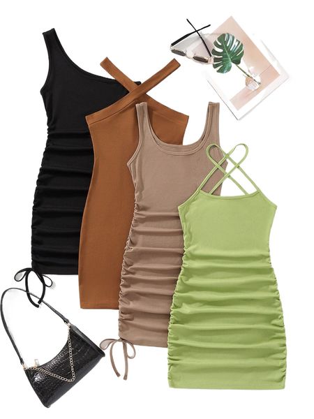 

4pcs rib knit bodycon dress p9qb#, Black;gray