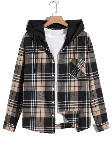 

romwe guys plaid hooded shirt without tee k9ca#, White;black