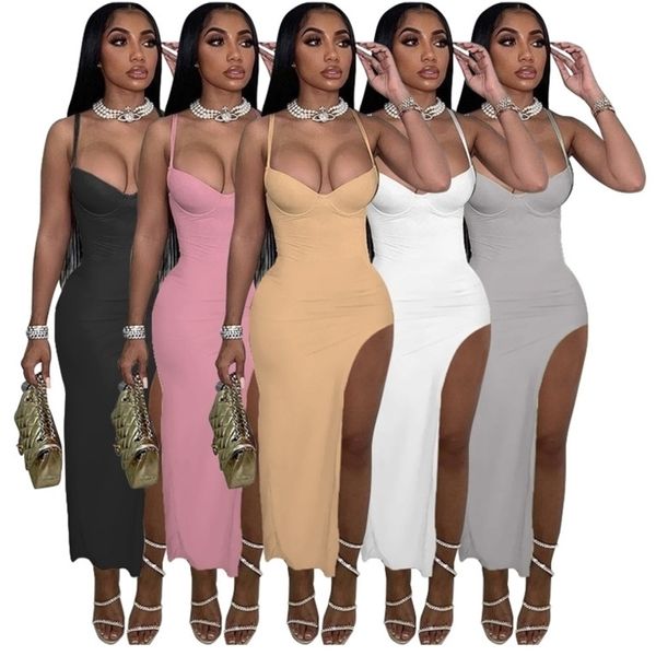 Designer mulheres vestidos longos sexy suspender baixo corte aberto volta split hip envoltório vestido magro bodycon club wear festa elegância w220315