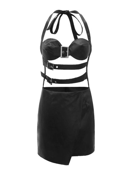 

1pc grommet buckle detail knot backless pu dress 53st#, Black;gray