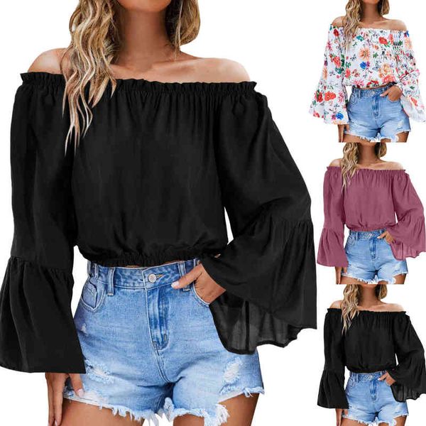 Лето сексуально от плеча Slash Neck Blouse Sexy Ruffle Lace Up Long Ricke White Top Top Women Bangage Short Blusas L220705