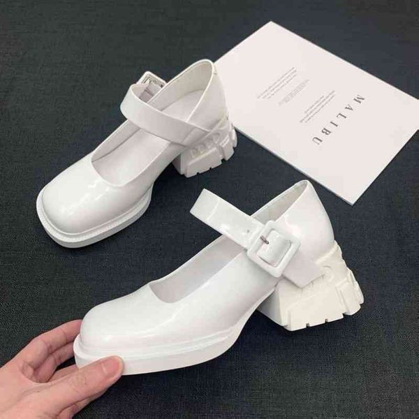 

slippers white square head button thick heel mary jane shoes college style shallow mouth single, Black