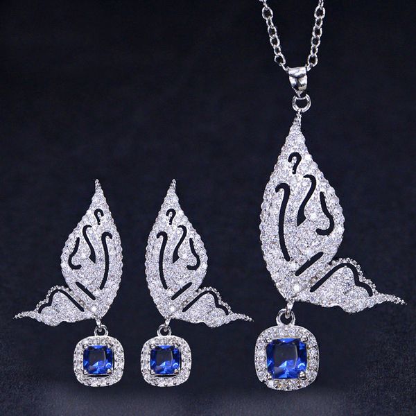 

2pcs/set fashion wedding designer jewelry set woman diamond butterfly necklace earrings yellow blue aaa cubic zirconia earring necklaces for, Silver