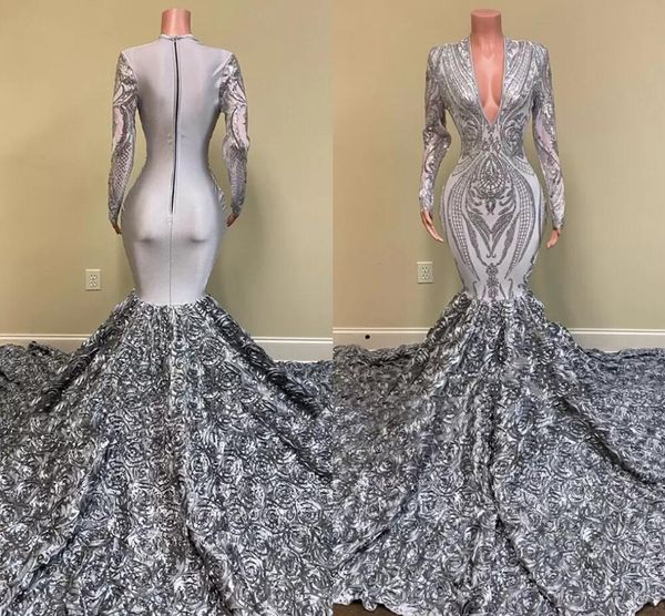 Gümüş Afrika Kızlar Uzun Gelinlik Modelleri 2022 Mermaid V Boyun Tam Kollu 3D Çiçekler Tren Kadın Örgün Parti Akşam elbise BES121