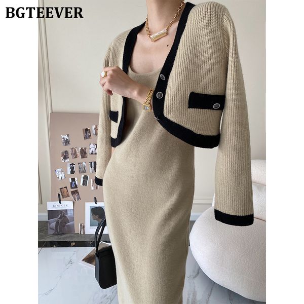 

elegant women 2 pieces sweater set long sleeve single-breasted patchwork cardigans &amp sleeveless dress ladies dress set, White;black