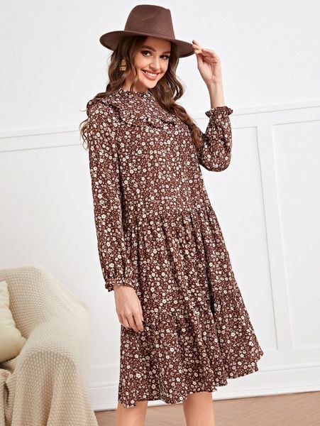 

ditsy floral flounce sleeve ruffle trim smock dress m6wa#, Black;gray