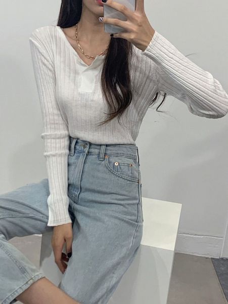 

dazy notched neck ribbed knit tee l630#, White