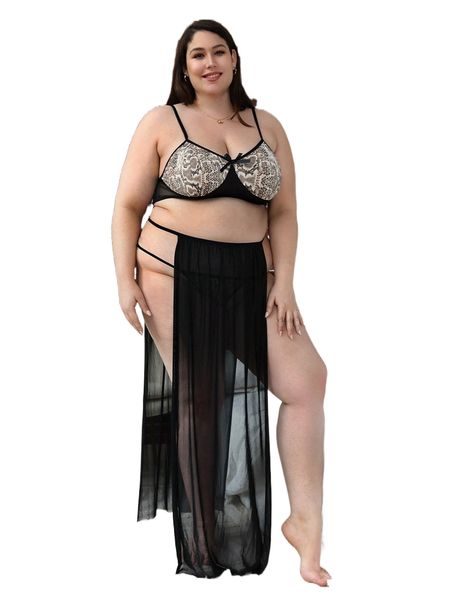 

plus 3pack snakeskin print bow detail wireless lingerie set h8ia#, Black;white
