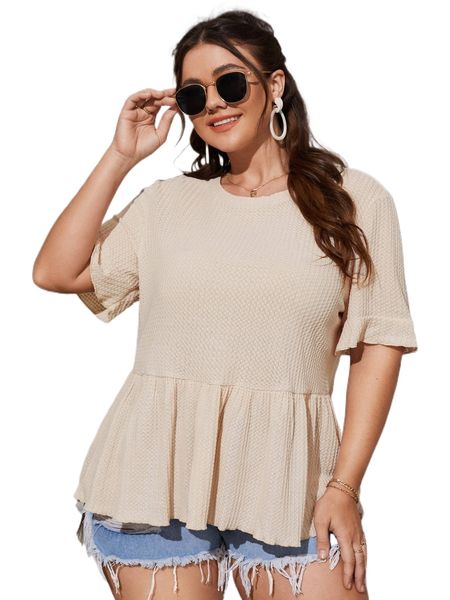 

plus flounce sleeve peplum waffle knit tee m0wr#, Black