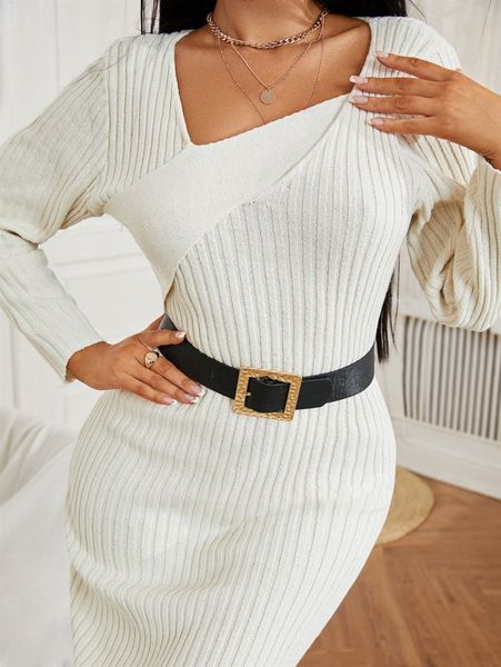 

sxy asymmetrical neck ribbed knit sweater dress without belt z6fl#, White;black