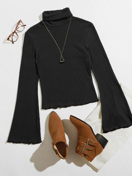 

turtle neck bell sleeve lettuce trim rib-knit i0kx#, White