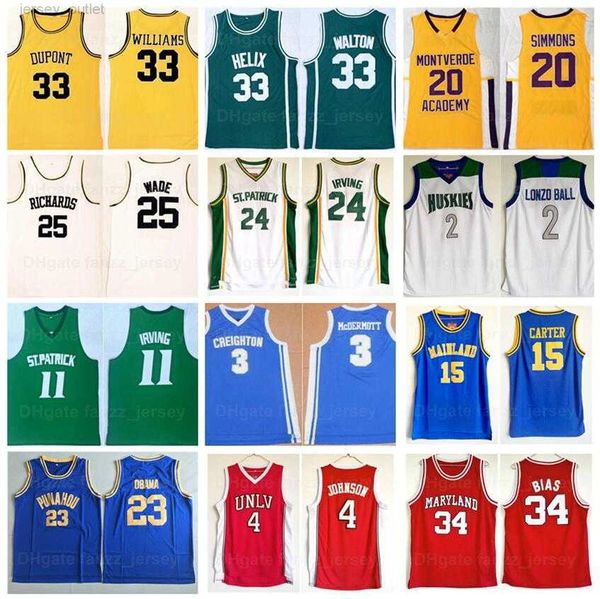 

men high school basketball jerseys college 33 jason williams 25 dwyane wade 24 kyrie irving 2 lonzo ball 23 barack obama 34 len bias 4 larry, Black