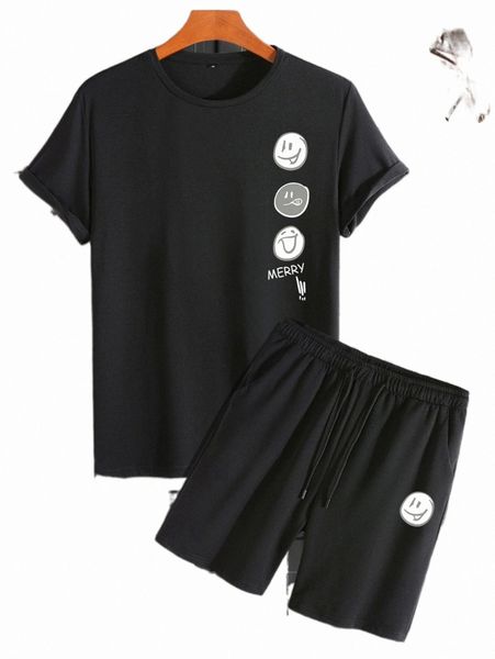 

men expression print tee & drawstring waist shorts y7fm#, Gray