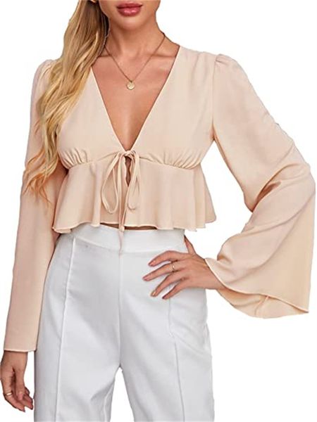 

women's & tees front lace-up v-neck horn sleeve crop flounces hem blouse, White